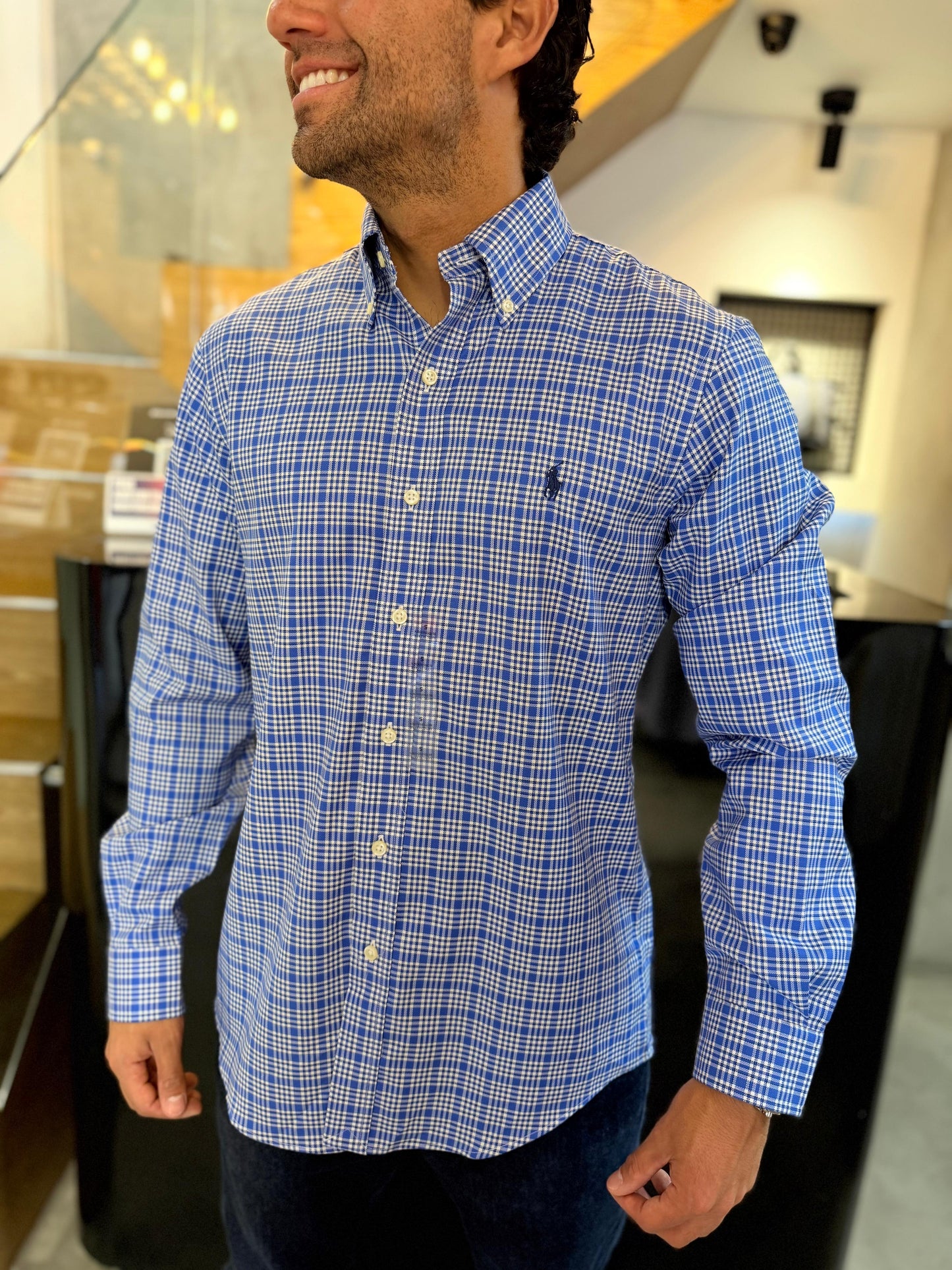 Camisa Polo R.L hombre Algodón Cuadros Azules Caballo Azul