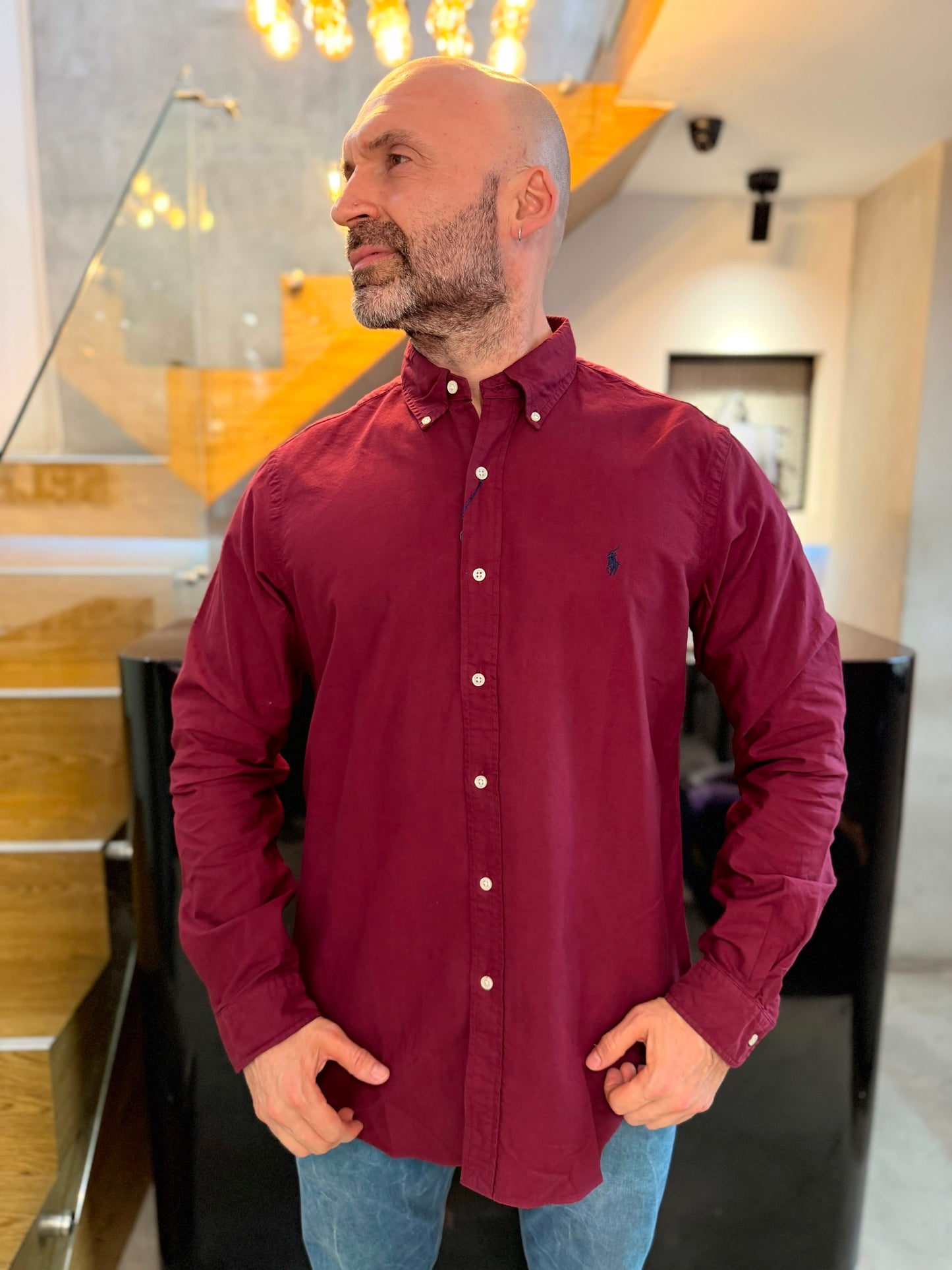 Camisa Polo R.L hombre Oxford Vino Tinto Caballo Azul