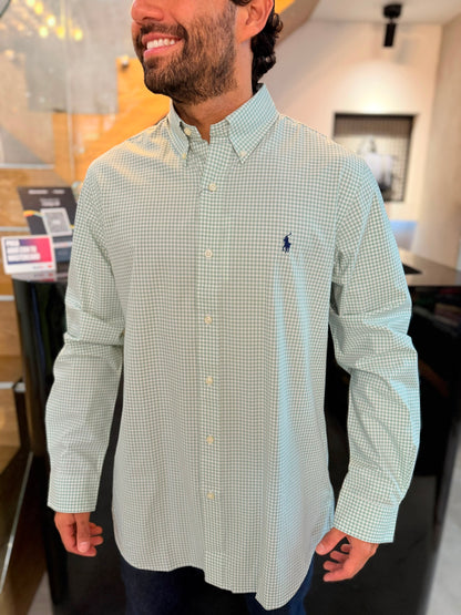 Camisa Polo R.L hombre Algodón Cuadros Verdes Con Blanco Caballo Azul