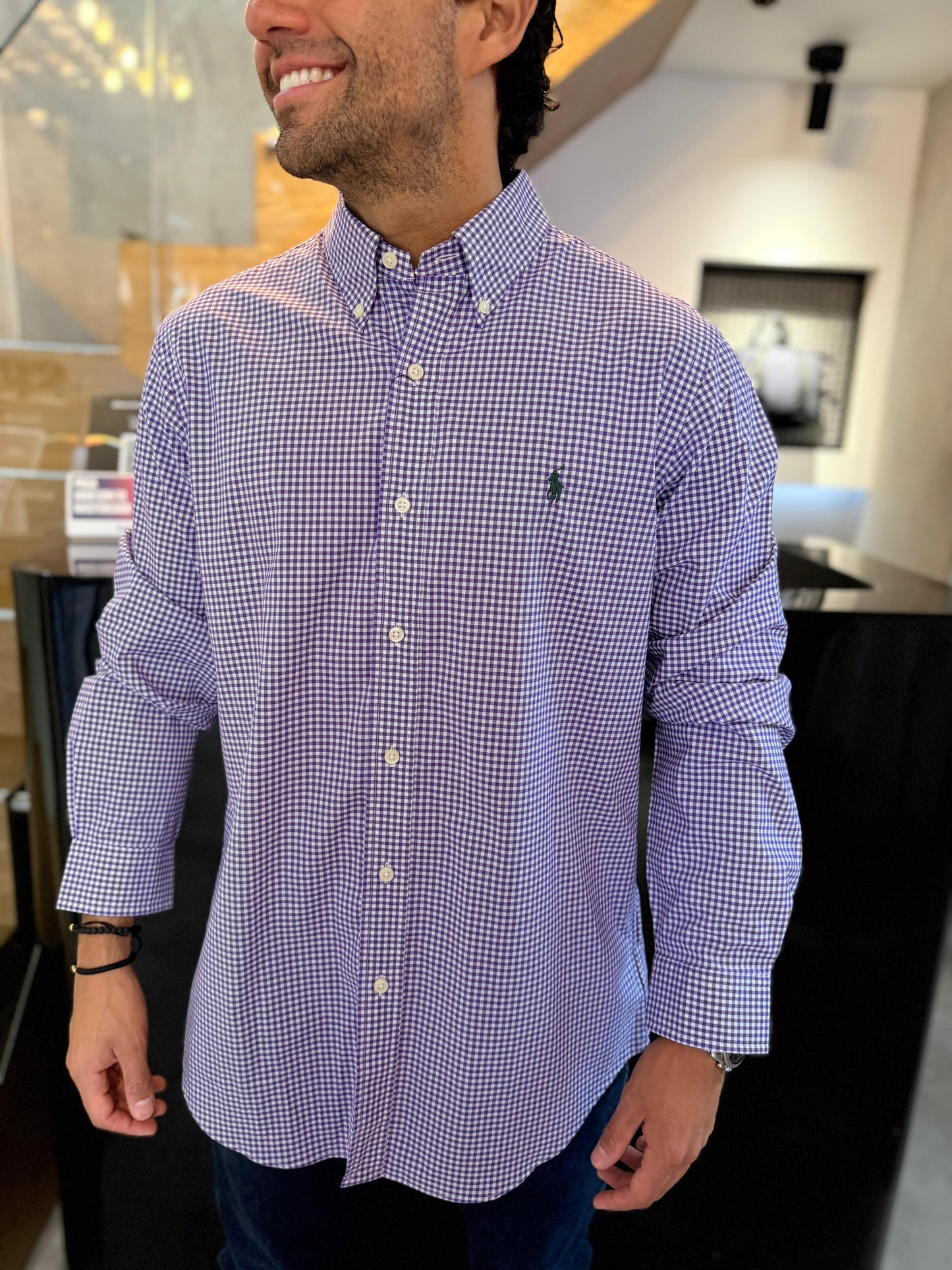 Camisa Polo R.L hombre Algodón Cuadros Morados Caballo Verde