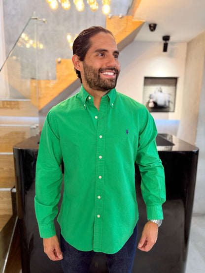 Camisa Polo R.L hombre Oxford Verde Caballo Morado