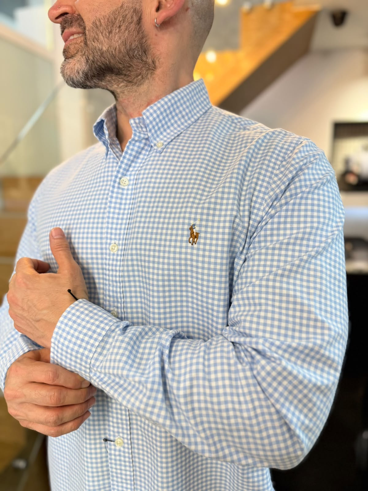 Camisa Polo R.L hombre Oxford Cuadros Celestes Con Blanco Caballo Multicolor