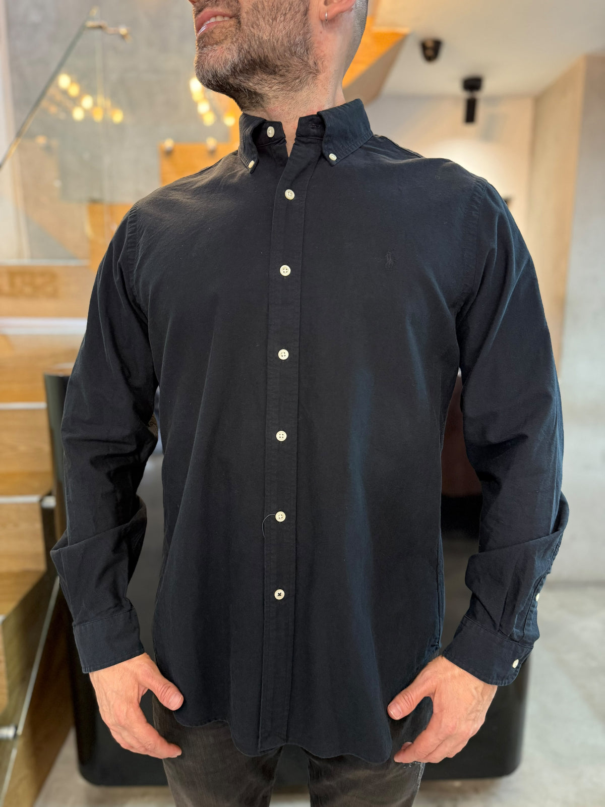 Camisa Polo R.L hombre Oxford Negra Caballo negro