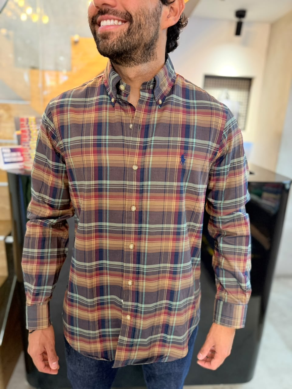 Camisa Polo R.L hombre Algodón Cuadros Café Claro Caballo Azul