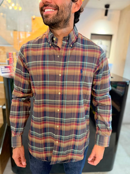 Camisa Polo R.L hombre Algodón Cuadros Café Claro Caballo Azul