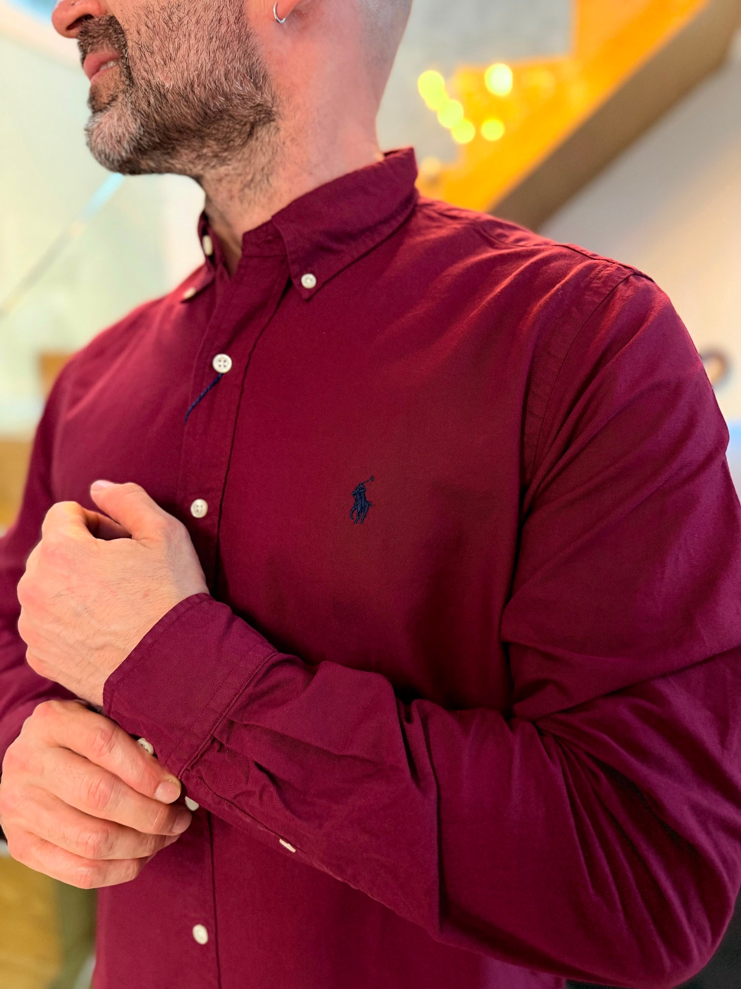 Camisa Polo R.L hombre Oxford Vino Tinto Caballo Azul