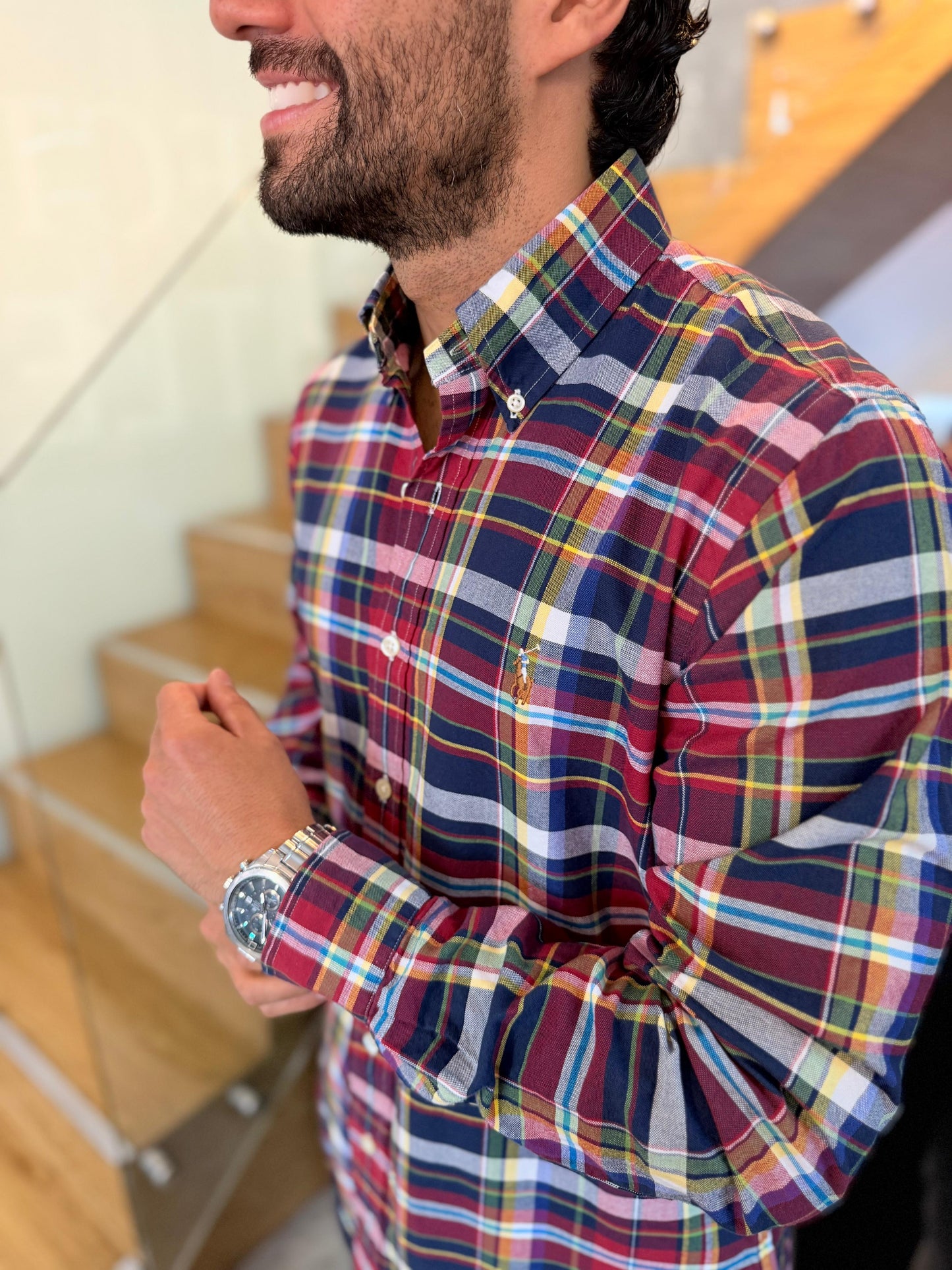 Camisa Polo R.L hombre Oxford Cuadros Rojos Con Azul Oscuro Caballo Multicolor