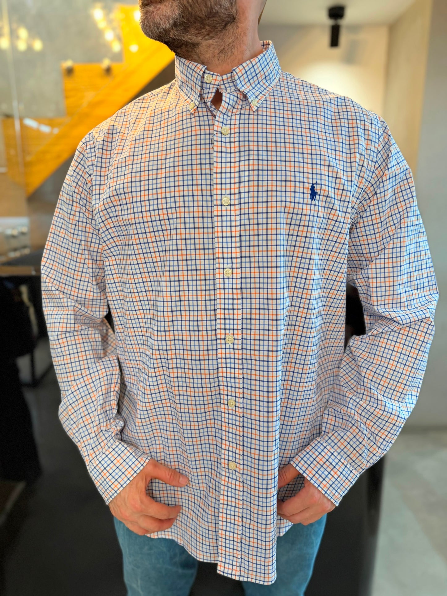 Camisa Polo R.L hombre Algodón Cuadros Blancos Con Naranja Caballo Azul