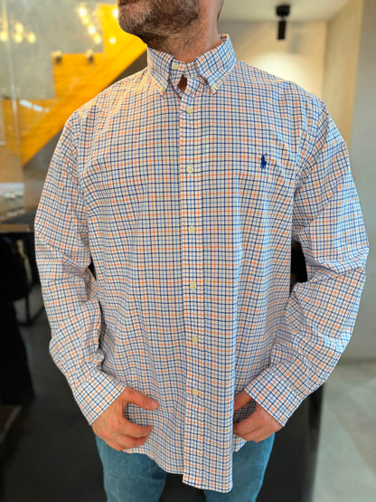 Camisa Polo R.L hombre Algodón Cuadros Blancos Con Naranja Caballo Azul