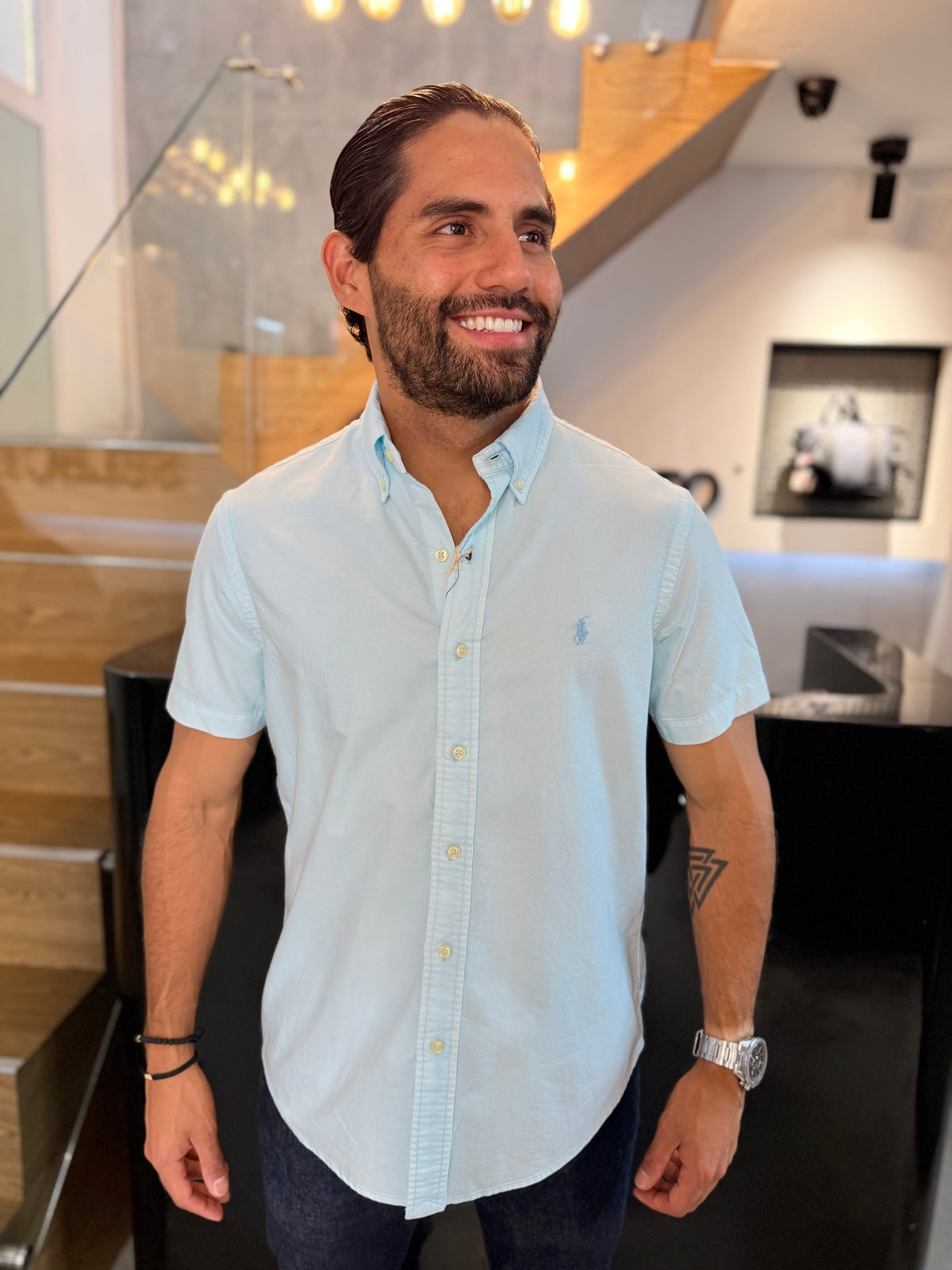 Camisa Polo R.L hombre Oxford Manga Corta Azul Cielo Caballo Celeste