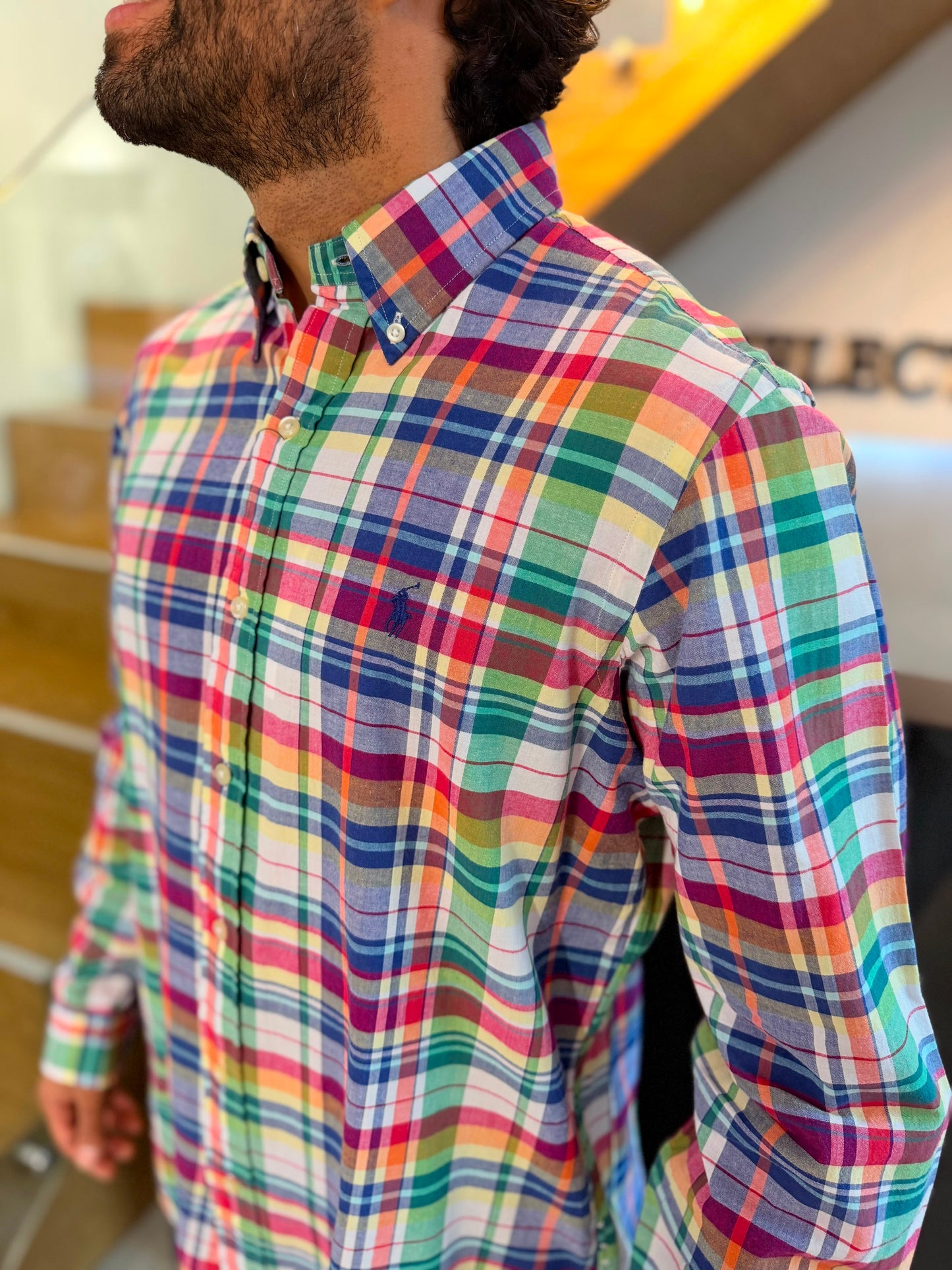 Camisa Polo R.L hombre Lino Cuadros Colores Caballo Azul