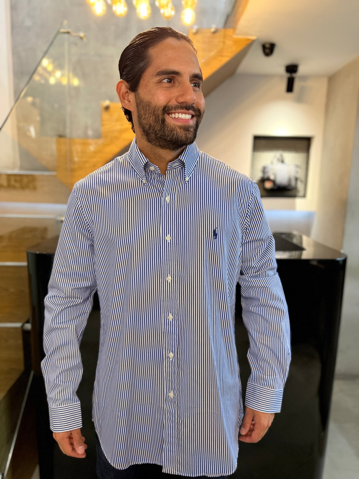 Camisa Polo R.L hombre Algodón Rayas Azules Con Blanco Caballo Azul