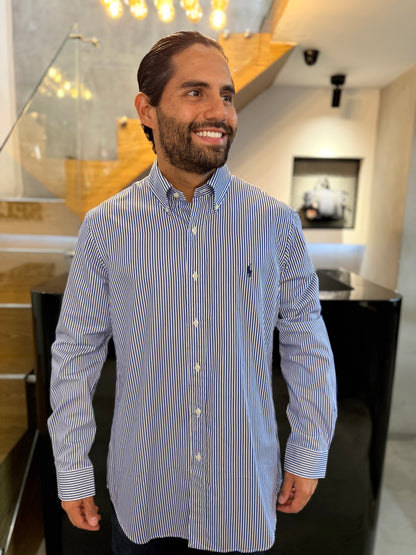 Camisa Polo R.L hombre Algodón Rayas Azules Con Blanco Caballo Azul
