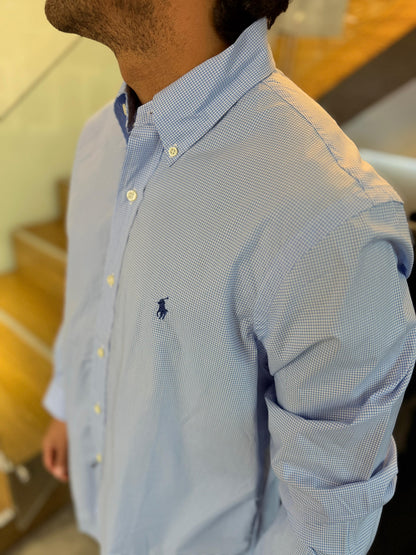 Camisa Polo R.L hombre Algodón Cuadros Celestes Caballo Azul
