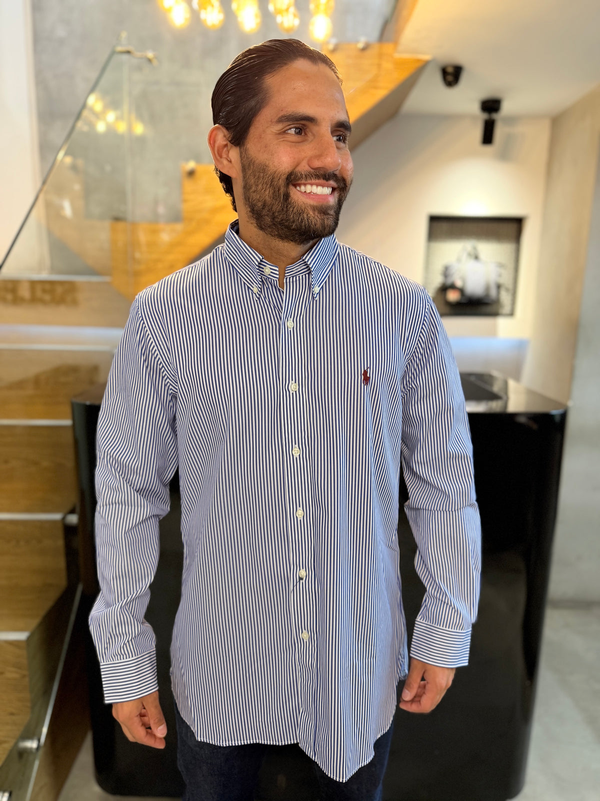 Camisa Polo R.L hombre Algodón Rayas Azules Con Blanco Caballo Rojo