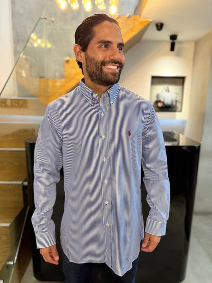 Camisa Polo R.L hombre Algodón Rayas Azules Con Blanco Caballo Rojo