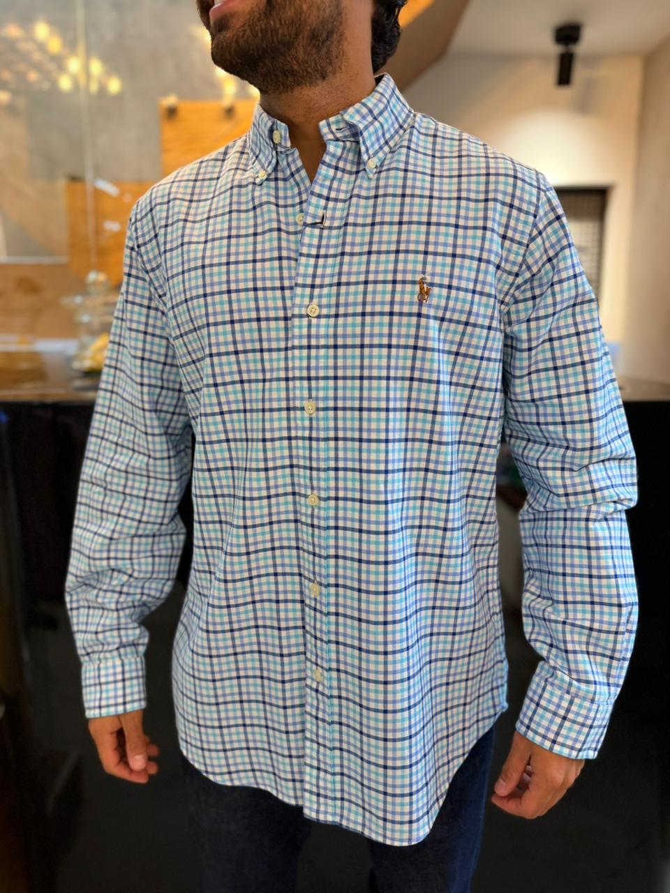 Camisa Polo R.L hombre Oxford Cuadros Azules Caballo multicolor