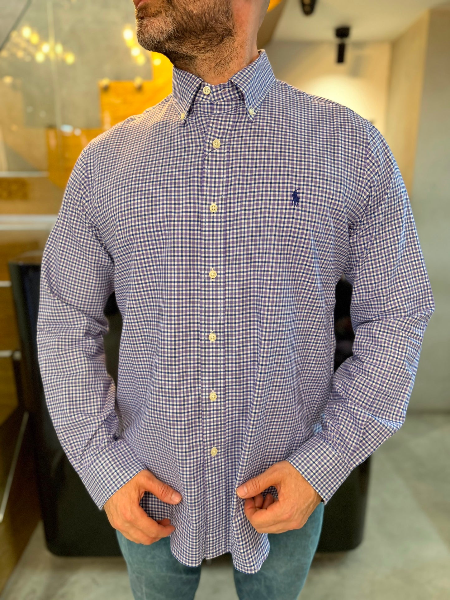 Camisa Polo R.L hombre Algodón Cuadros Morados Caballo Azul