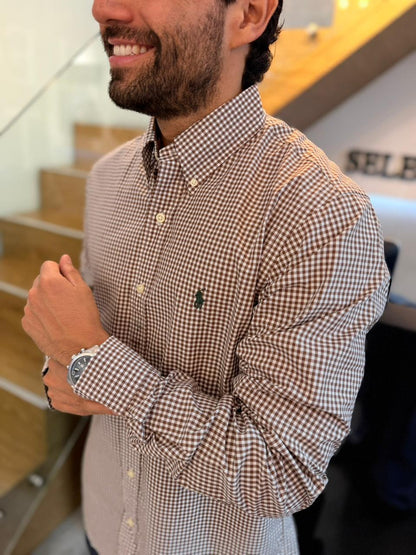 Camisa Polo R.L hombre Algodón Cuadros Cafés Con Blanco Caballo Verde