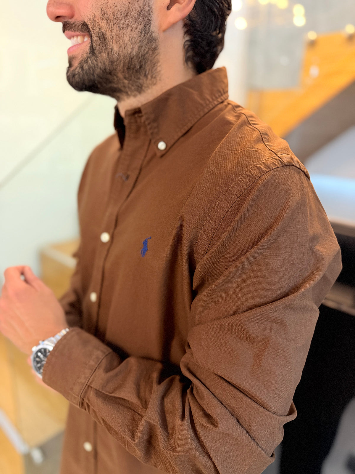 Camisa Polo R.L hombre Oxford Café Caballo Azul