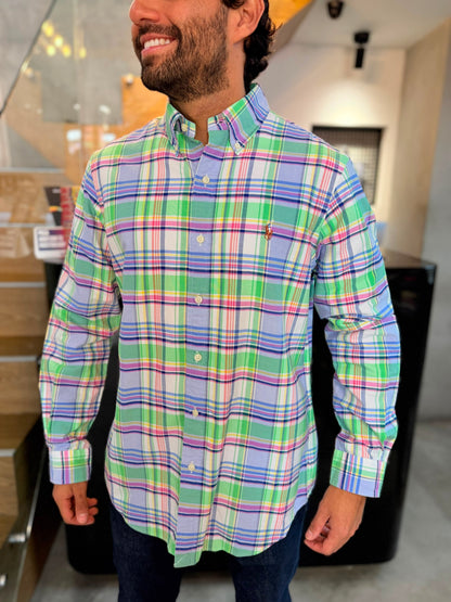 Camisa Polo R.L hombre Oxford Cuadros Verdes Con Azul Caballo Multicolor
