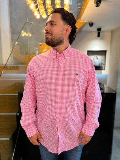 Camisa Polo R.L hombre Algodón Cuadros Rosados Caballo Verde