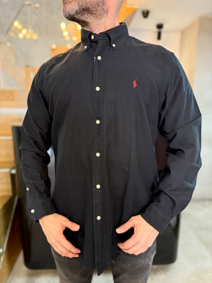 Camisa Polo R.L hombre Oxford Negra Caballo Rojo