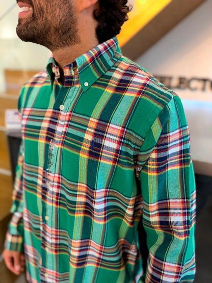 Camisa Polo R.L hombre Algodón Grueso Cuadros Verdes Caballo Azul