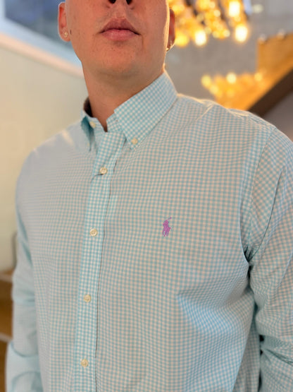 Camisa Polo R.L hombre Algodón Cuadros Celestes Caballo Morado