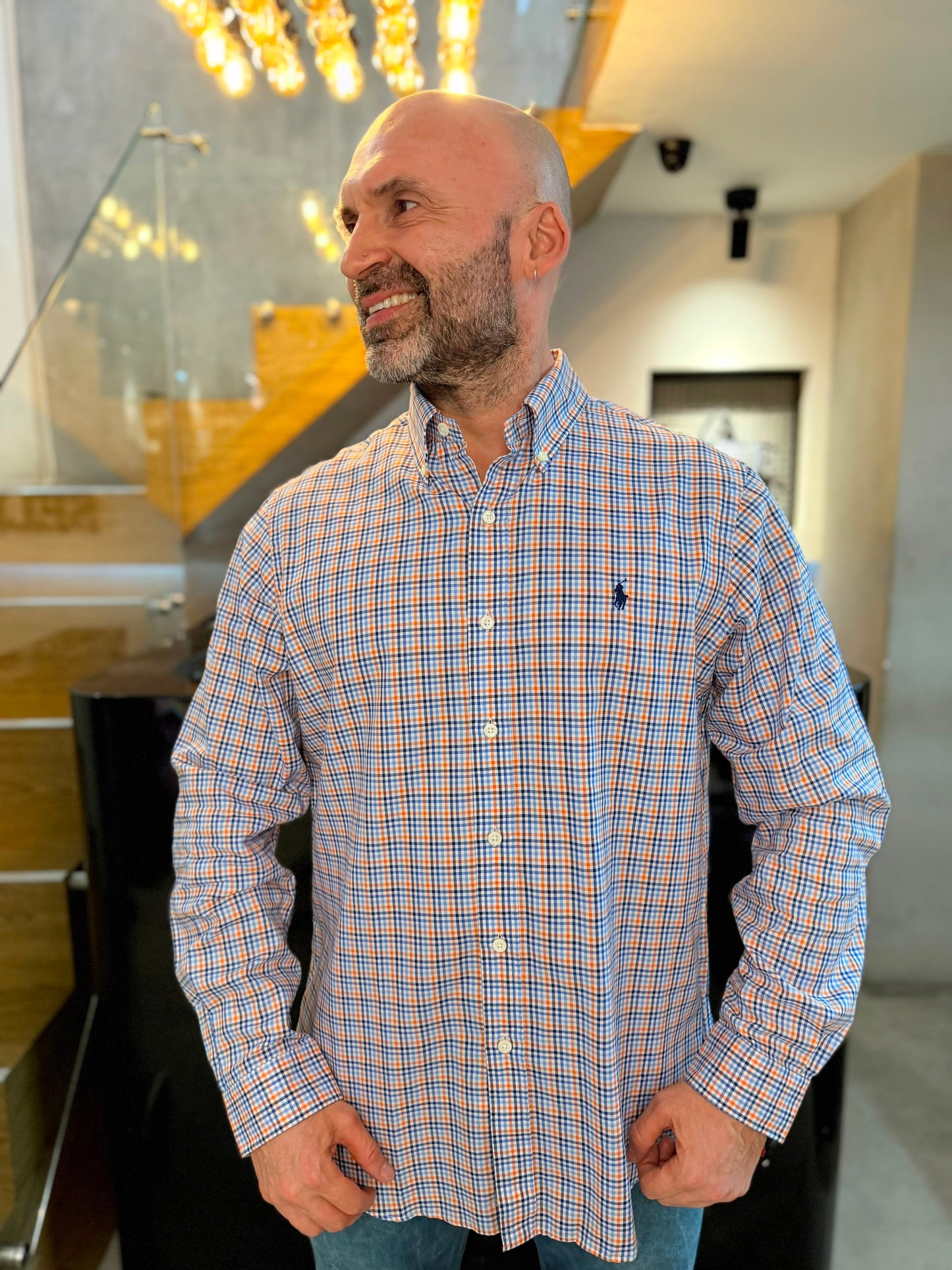 Camisa Polo R.L hombre Algodón Cuadros Naranjas Con Azul Caballo Azul