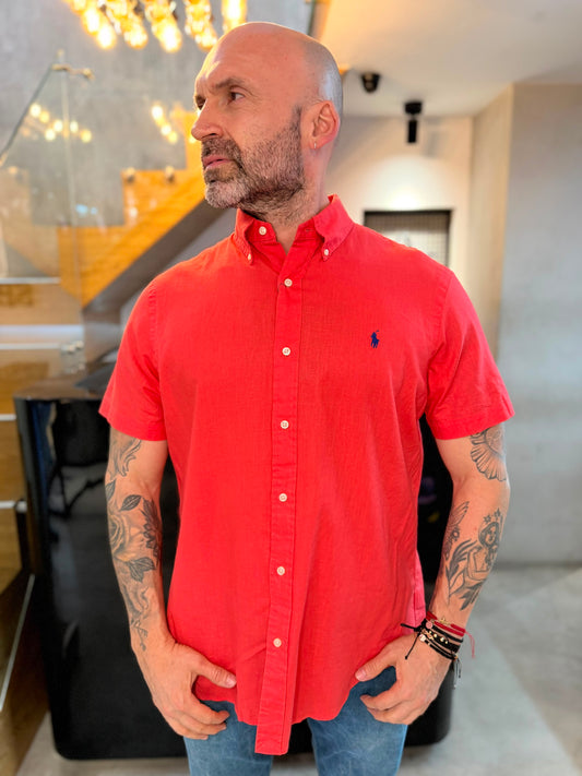 Camisa Polo R.L hombre Lino  Coral Manga Corta Caballo Azul
