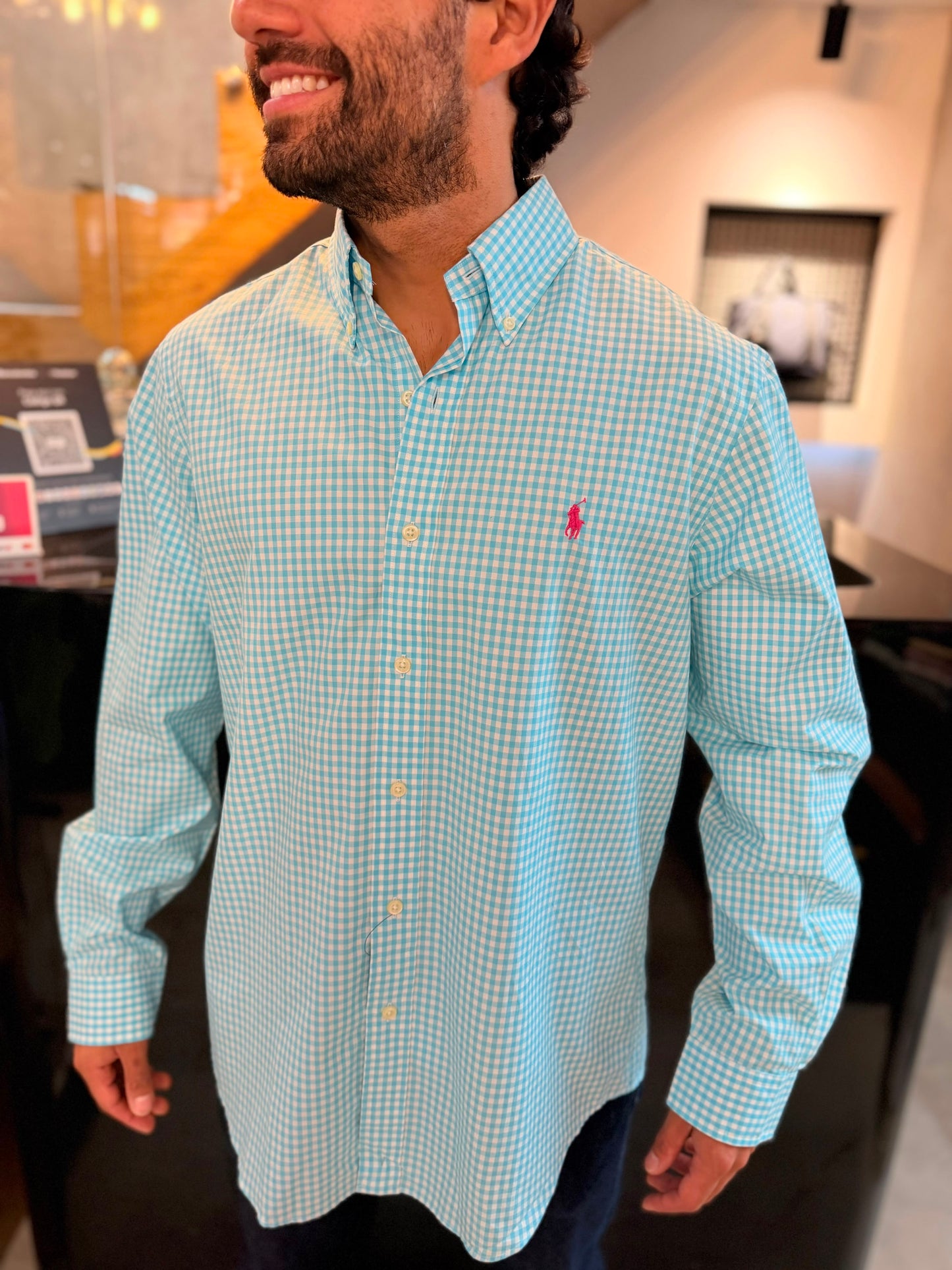 Camisa Polo R.L hombre Algodón Cuadros Azul Cielo Caballo Fucsia