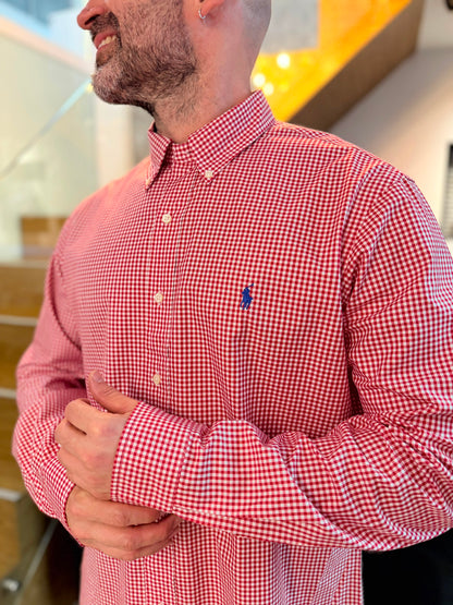 Camisa Polo R.L hombre Algodón Custom Fit Cuadros Rojos Con Blanco Caballo Azul