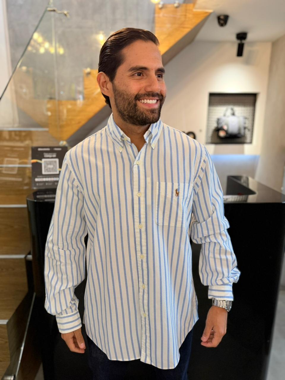 Camisa Polo R.L hombre Oxford Rayas Blancas Con Azul Caballo Multicolor