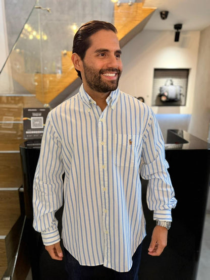 Camisa Polo R.L hombre Oxford Rayas Blancas Con Azul Caballo Multicolor