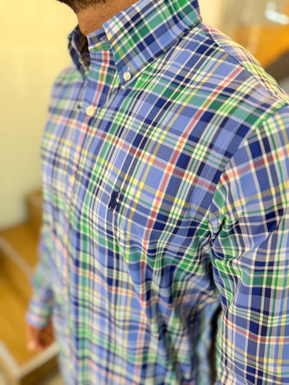 Camisa Polo R.L hombre Algodón Performance Cuadros Azules Caballo Azul