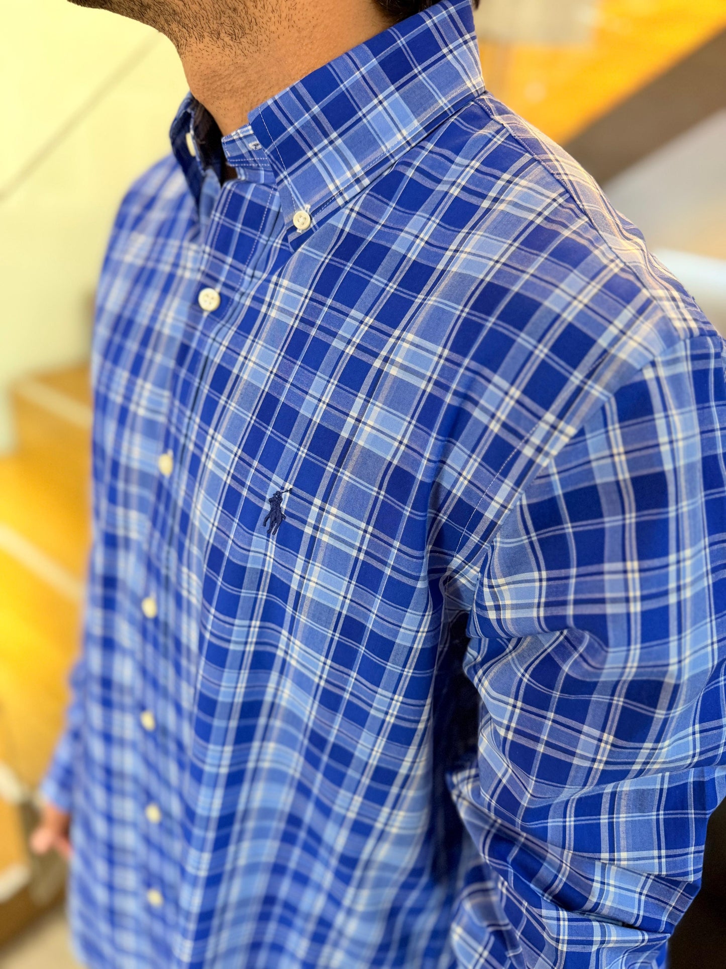 Camisa Polo R.L hombre Algodón Cuadros Azules Caballo Azul
