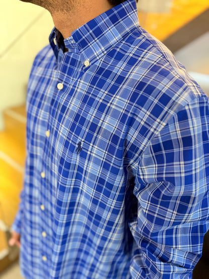 Camisa Polo R.L hombre Algodón Cuadros Azules Caballo Azul