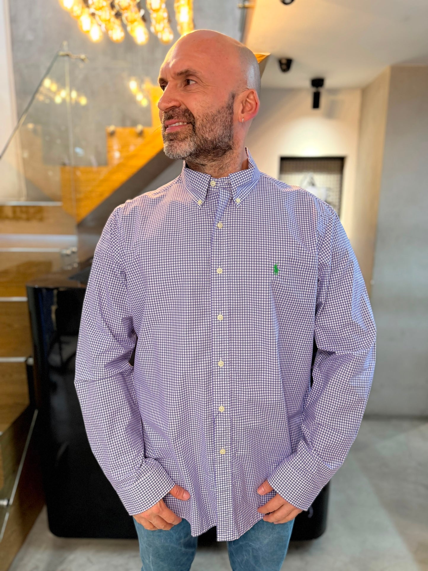 Camisa Polo R.L hombre Algodón Cuadros Morados Con Blanco Caballo Verde