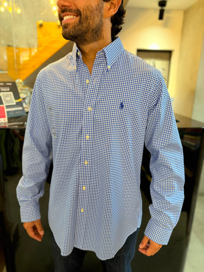 Camisa Polo R.L hombre Algodón Performance  Cuadros Azules Con Blanco Caballo Azul