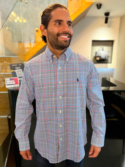 Camisa Polo R.L hombre Algodón Cuadros Caballo Azul