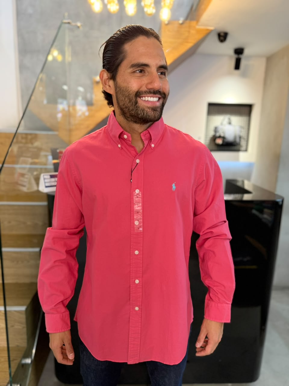Camisa Polo R.L hombre Oxford Coral Caballo Celeste