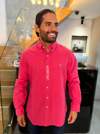 Camisa Polo R.L hombre Oxford Coral Caballo Celeste