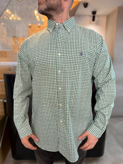 Camisa Polo R.L hombre Algodón Cuadros Verdes Con Blanco Caballo Morado