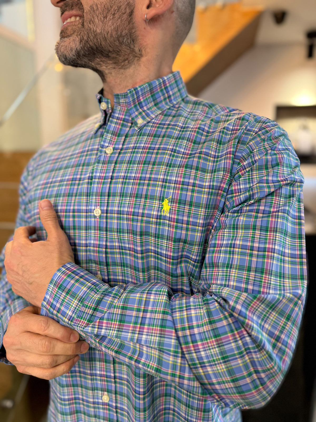 Camisa Polo R.L hombre Algodón Cuadros Azules Con Verde Caballo Amarillo Neón