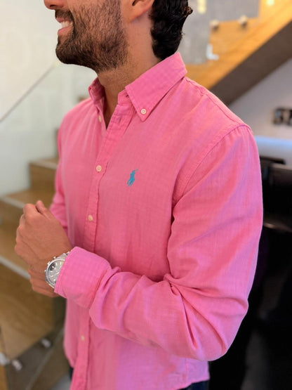 Camisa Polo R.L hombre Algodón Rosado Efecto Cuadros Caballo Celeste