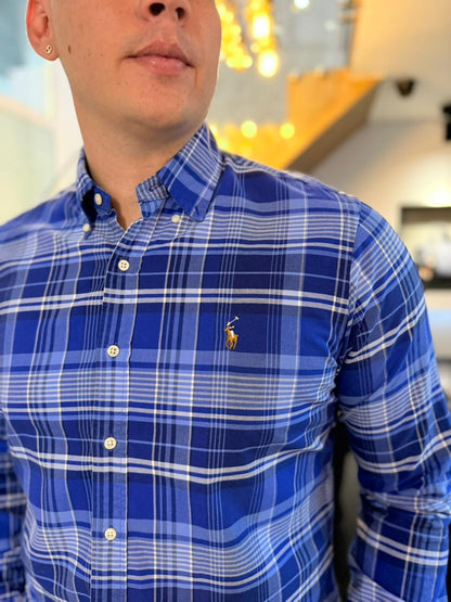 Camisa Polo R.L hombre Oxford Cuadros Azules Caballo Multicolor