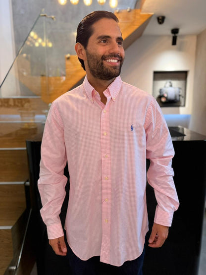 Camisa Polo R.L hombre Algodón Cuadros Rosados Con Blanco Caballo Celeste