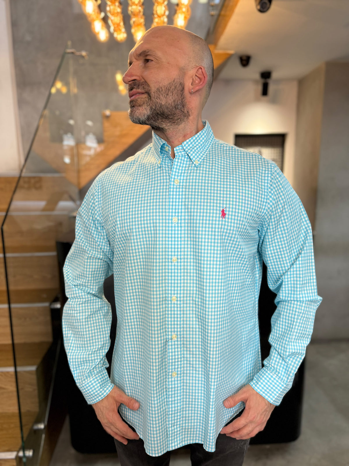 Camisa Polo R.L hombre Algodón Cuadros Azul Turquesa Con Blanco Caballo Fucsia