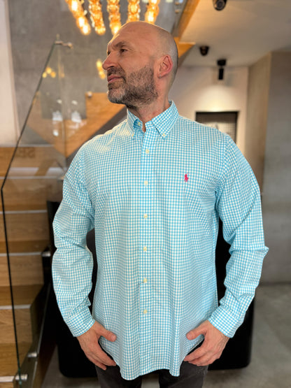 Camisa Polo R.L hombre Algodón Cuadros Azul Turquesa Con Blanco Caballo Fucsia